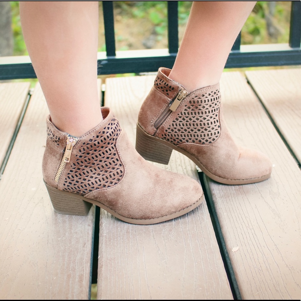 Girls Taupe Laser Cutout Booties
